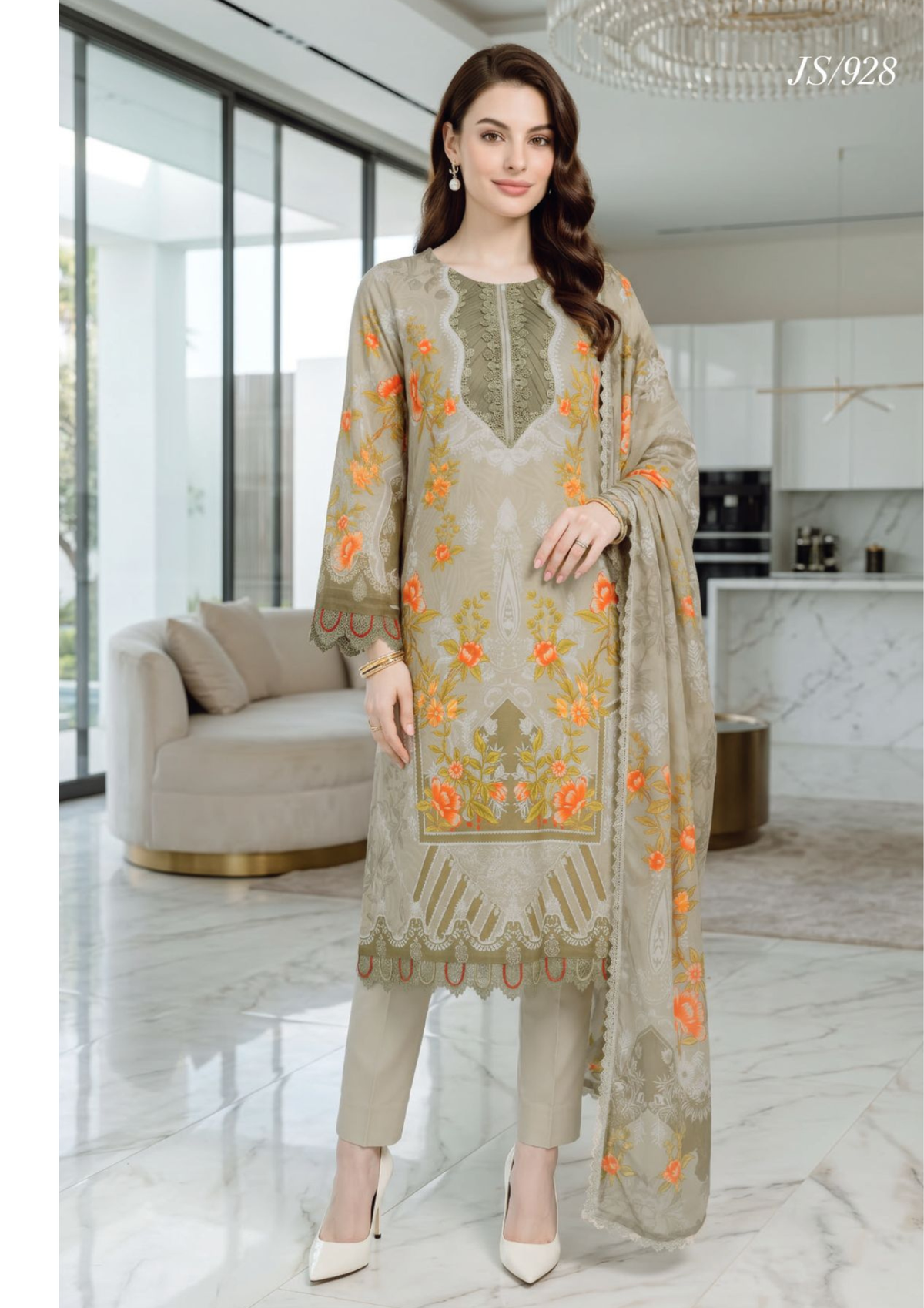 Soft Grey Floral Printed Lawn Suit with Printed Lawn Dupatta