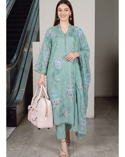 Printed Lawn with Chiffon Dupatta-Mint green