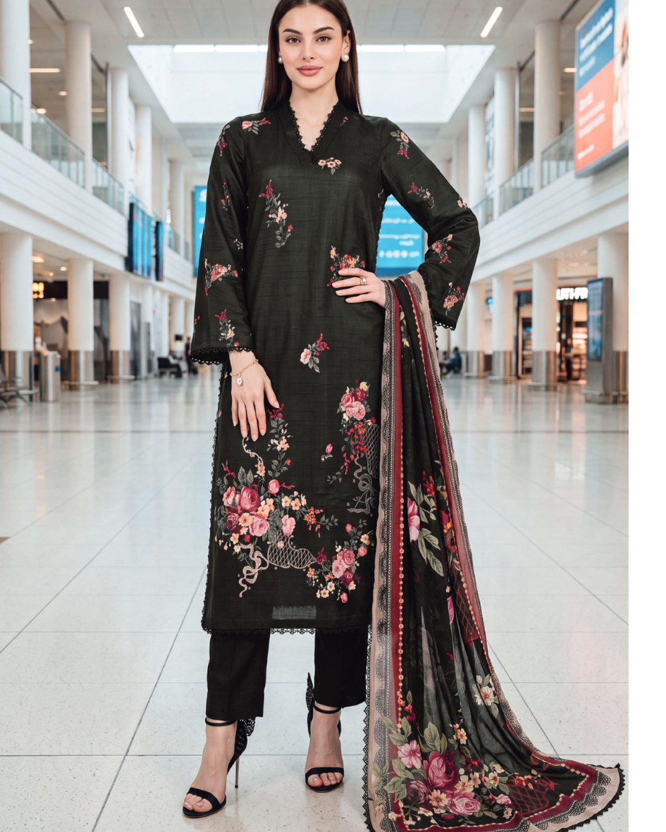 Black Printed Lawn with Chiffon Dupatta