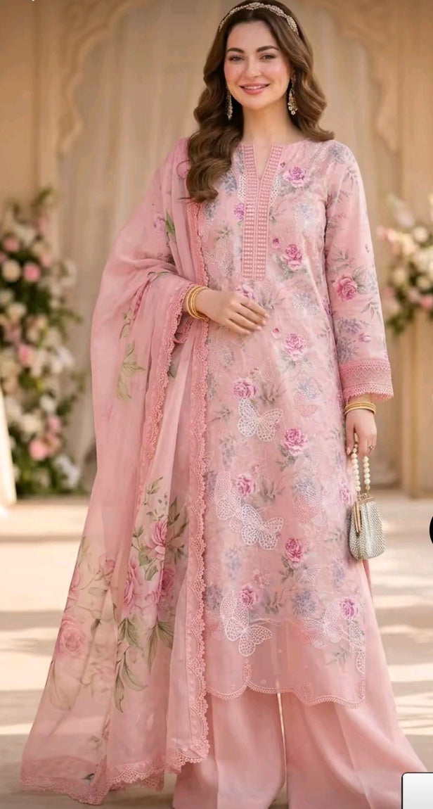 Butterfly Dress Women Maria B Style 3 Piece Lawn Suit Embroidered Front Chiffon Dupatta Cambric Trouser Trendy Summer