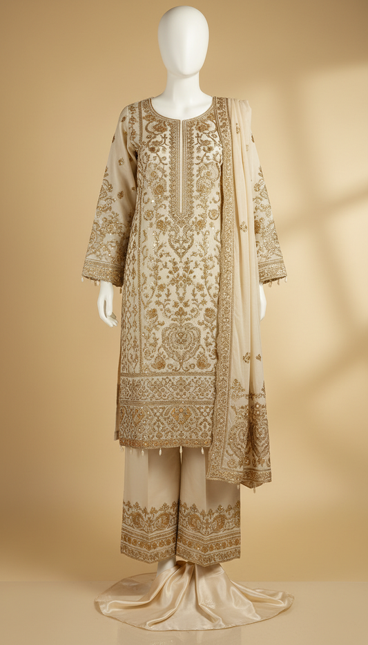 Cotton Lawn Suit With Gold Embroidery