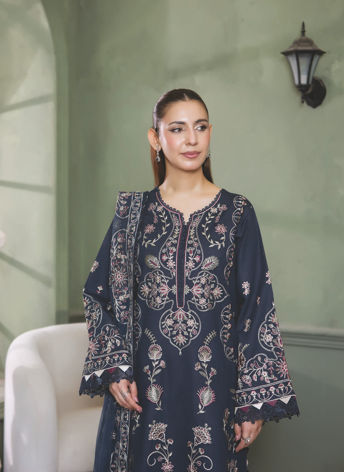 Premium Resham Karandi Suit with Embroidered Bamber Chiffon Dupatta
