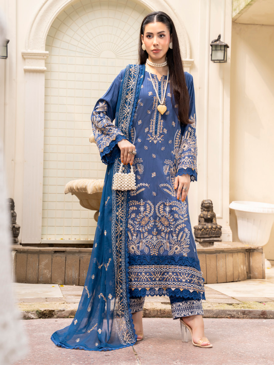 Royal Blue Embroidered Silk Viscose 3 Piece Suit with Bamber Chiffon Dupatta