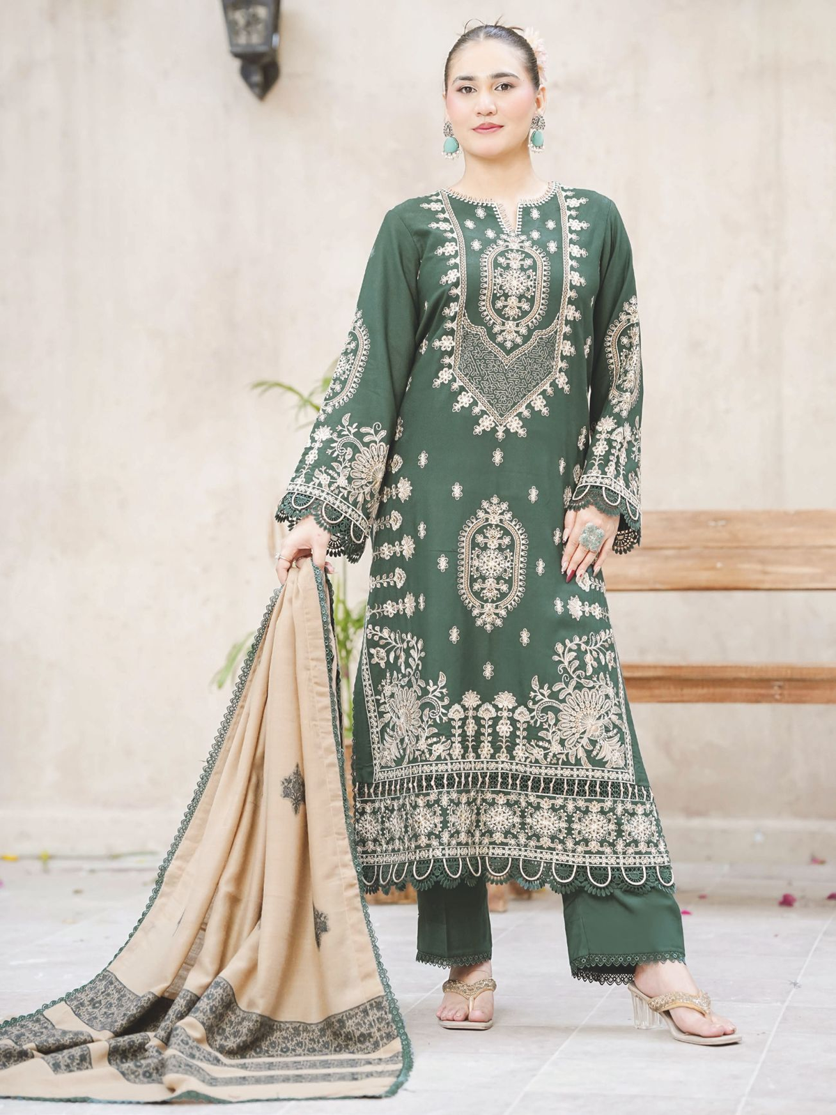 Embroidered Luxury Winter Suit with Premium Jacquard Wool Shawl