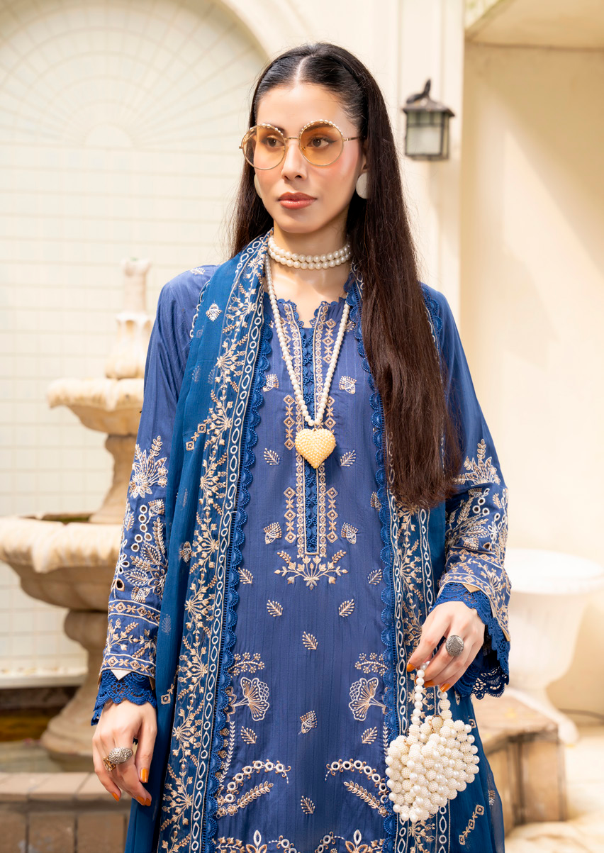 Royal Blue Embroidered Silk Viscose 3 Piece Suit with Bamber Chiffon Dupatta