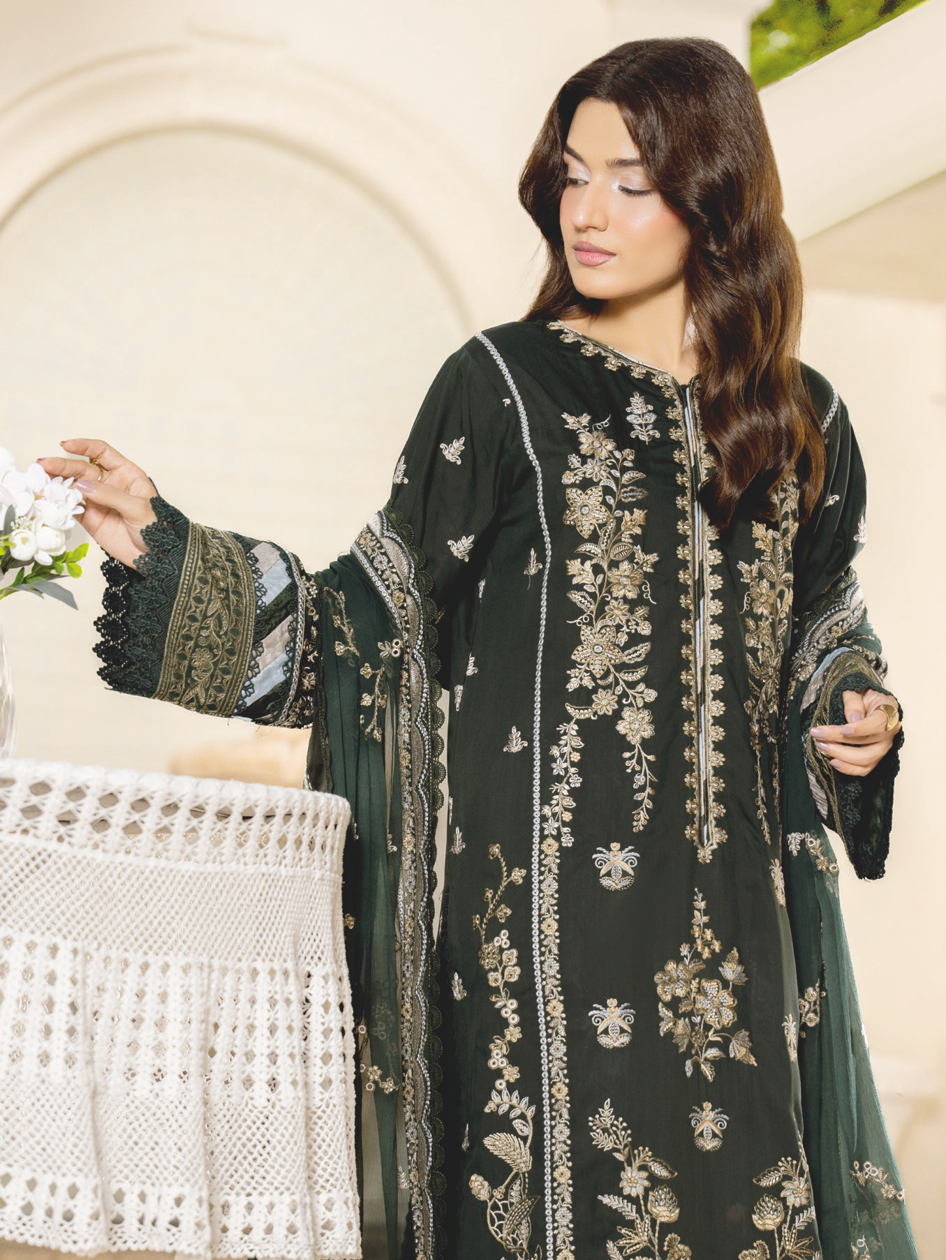 Elegant Embroidered Silk Viscose 3-Piece Suit with Bamber Chiffon Dupatta