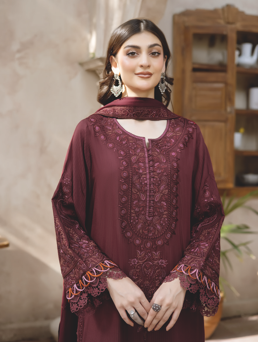 Luxury Silk Viscose Embroidered Suit with Premium Bamber Chiffon Dupatta