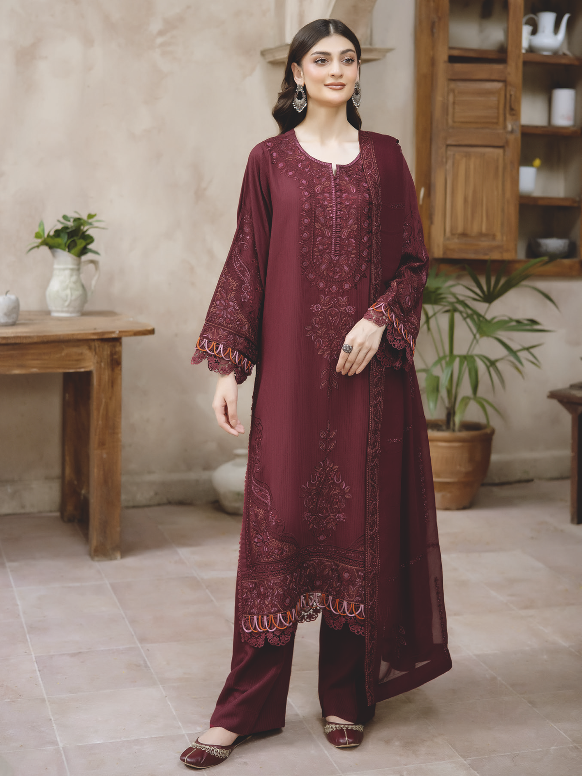 Luxury Silk Viscose Embroidered Suit with Premium Bamber Chiffon Dupatta