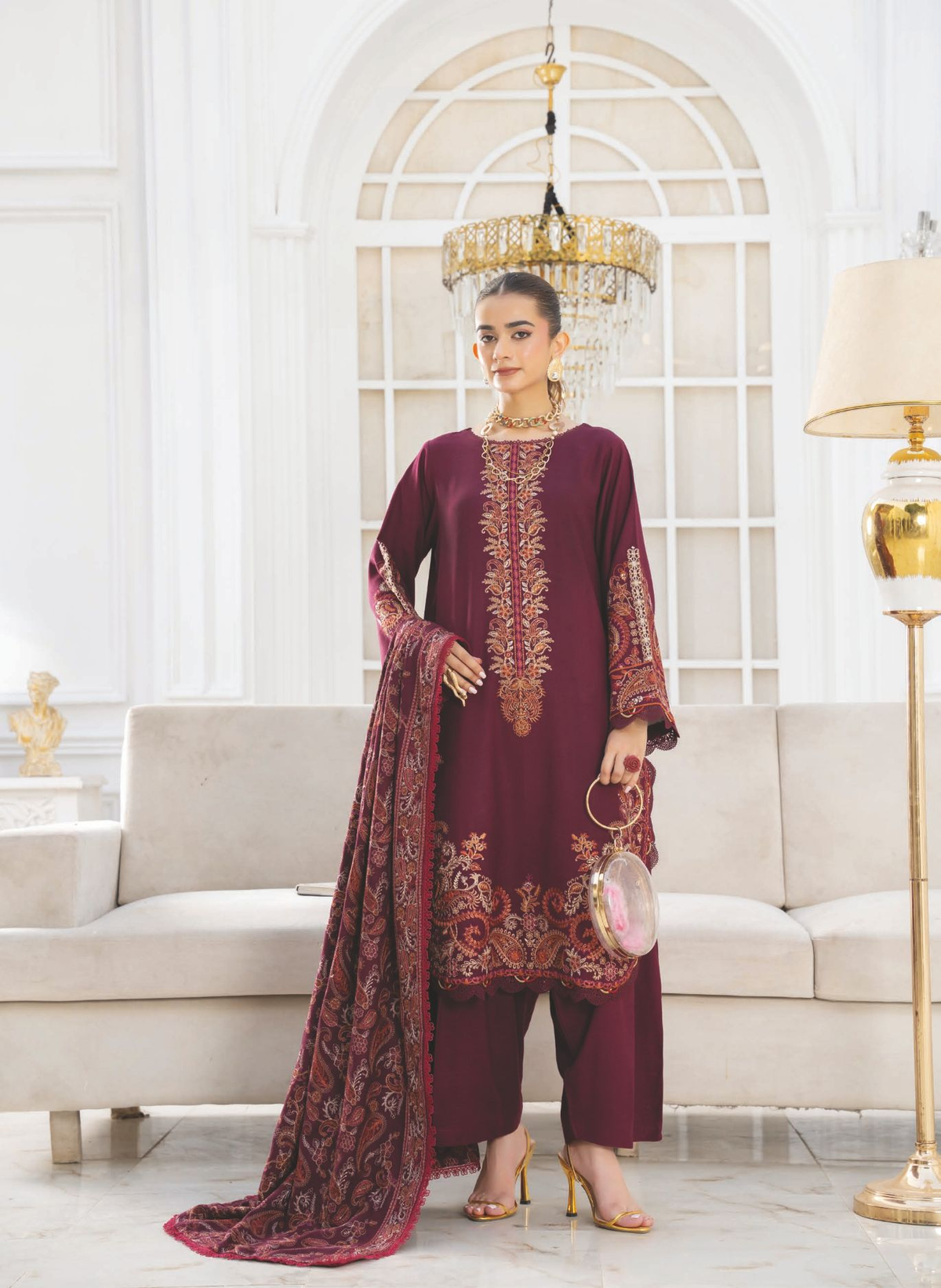 Embroidered Winter Outfit with Embroidered Luxury Shawl