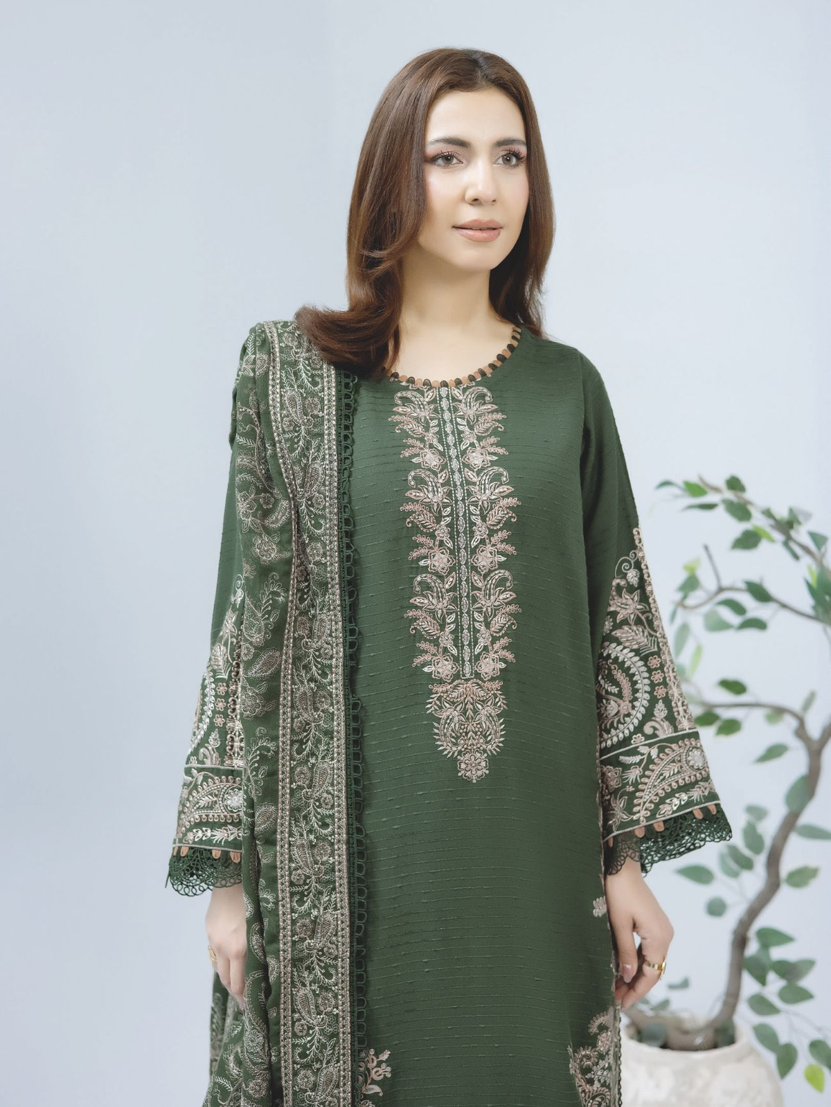 Luxury 3-Piece Winter Outfit with Detailed Embroidery and Wool Shawl