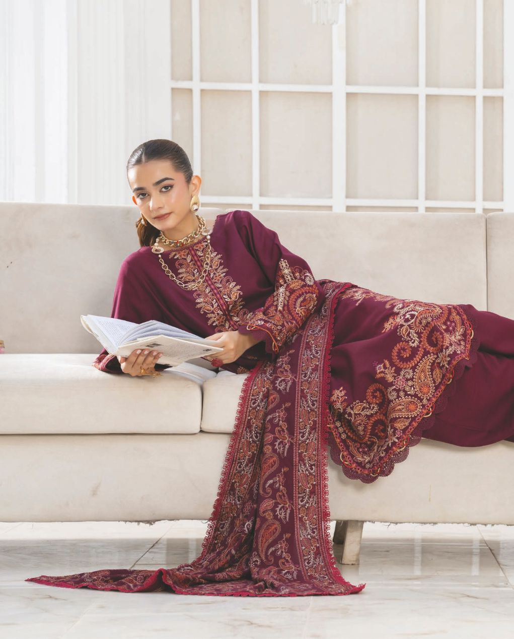 Embroidered Winter Outfit with Embroidered Luxury Shawl