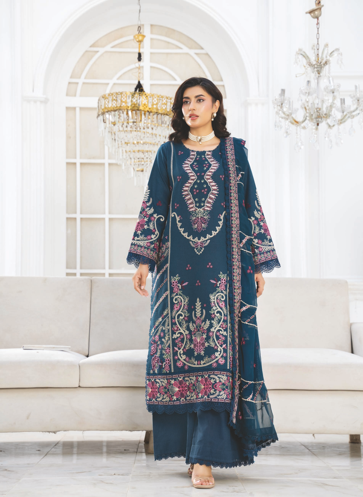 Elegant Embroidered Resham Karandi with Bamber Chiffon Dupatta