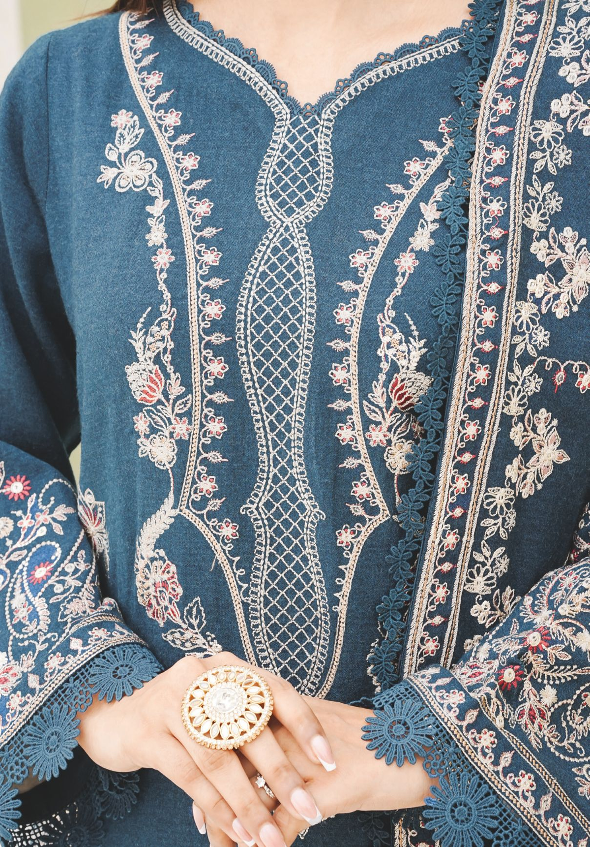 Elegant Embroidered Peach Leather Outfit with Matching Wool Shawl