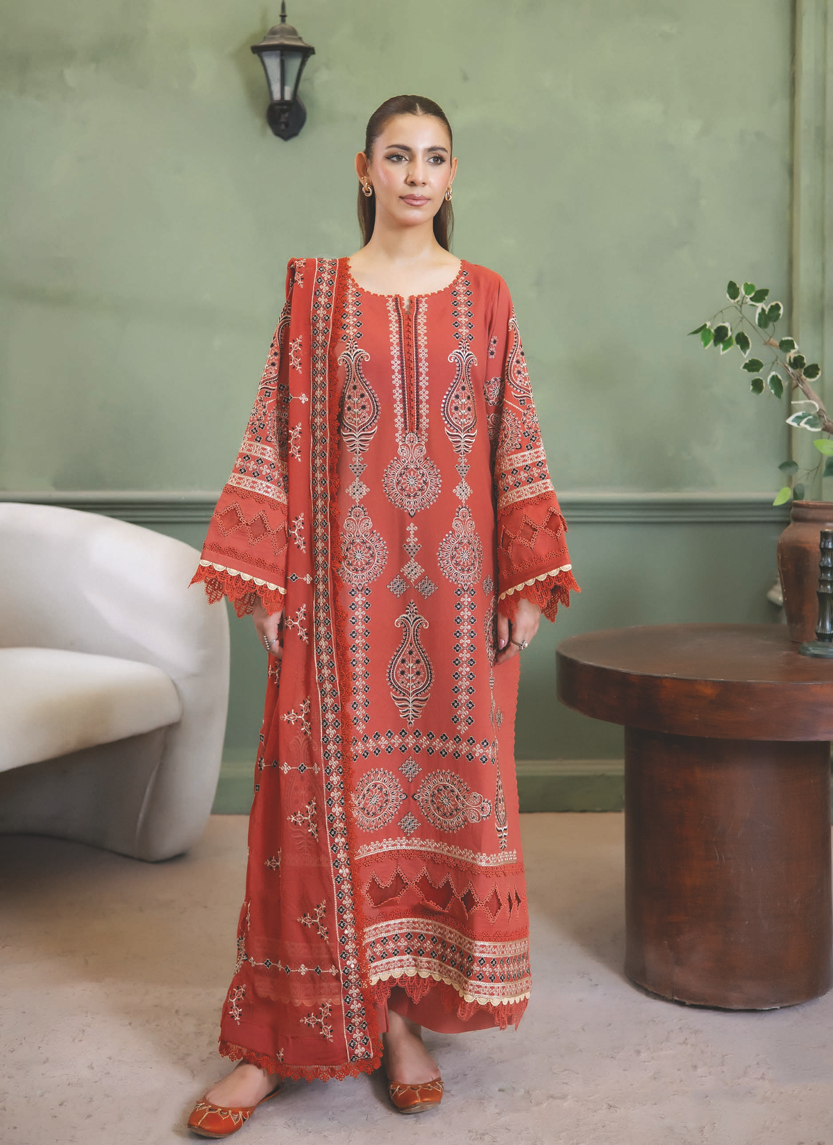 Embroidered Resham Karandi 3 Piece Suit with Chiffon Dupatta