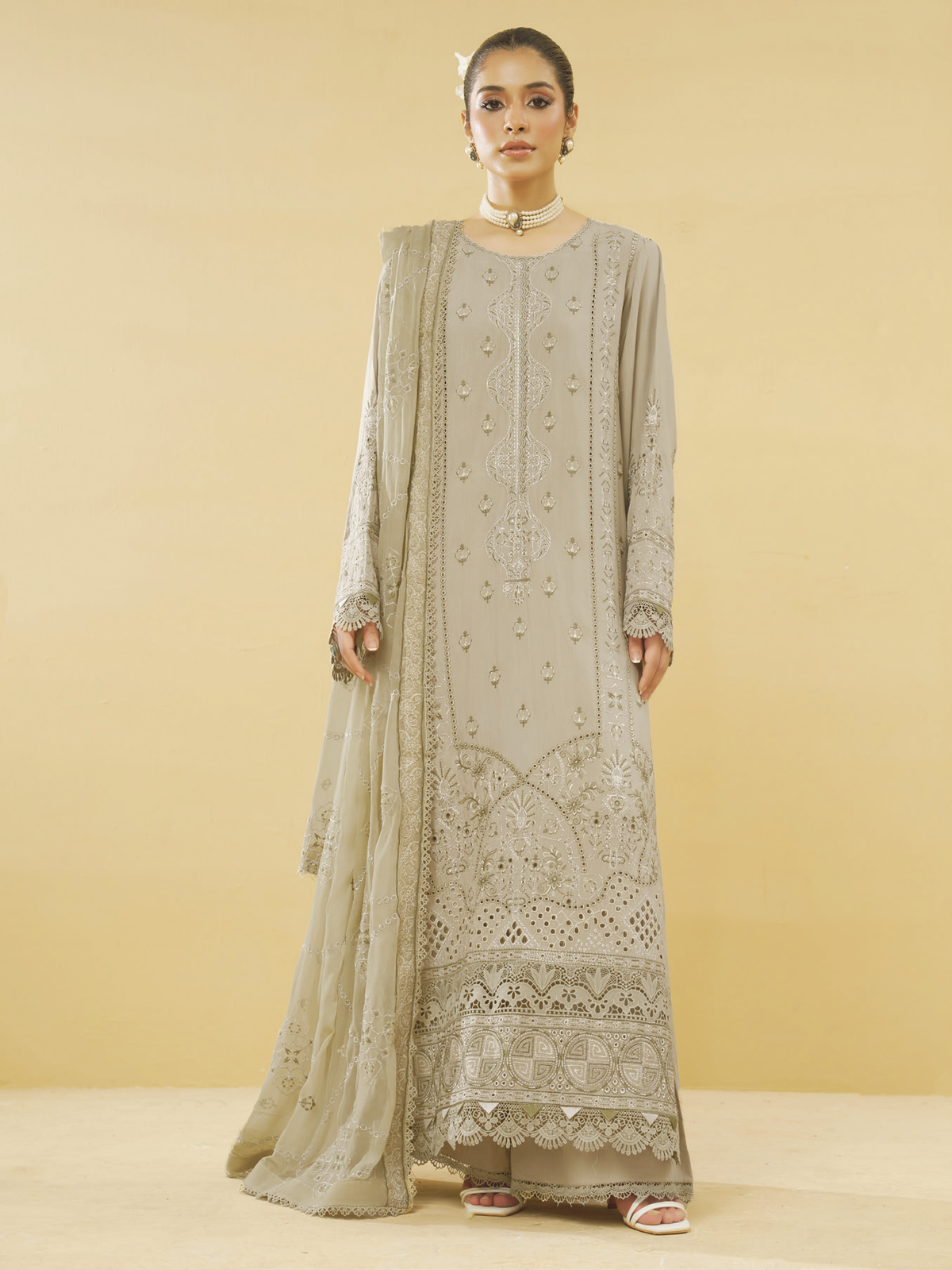 Embroidered Silk Viscose 3 Piece Suit with Embroidered Bamber Chiffon Dupatta | Luxury Winter Collection