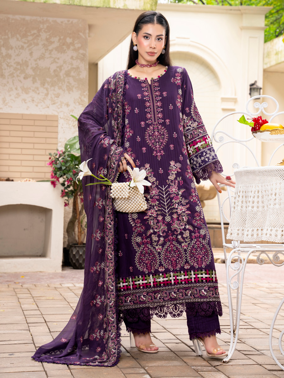Deep Plum Embroidered Silk Viscose 3 Piece Suit with Bamber Chiffon Dupatta