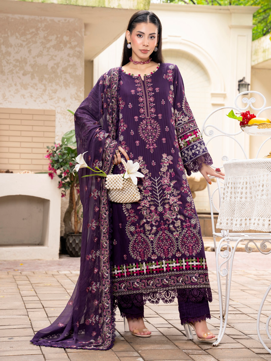 Deep Plum Embroidered Silk Viscose 3 Piece Suit with Bamber Chiffon Dupatta