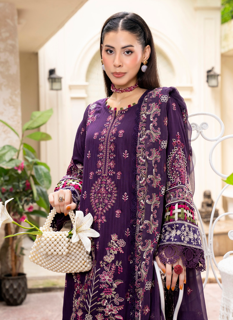 Deep Plum Embroidered Silk Viscose 3 Piece Suit with Bamber Chiffon Dupatta