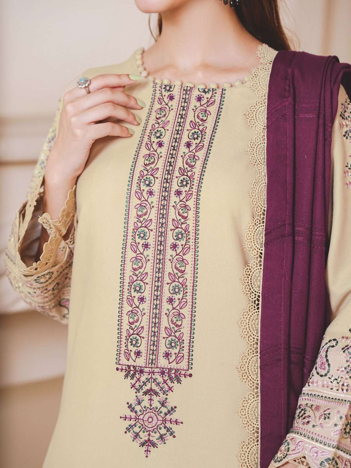 Embroidered Winter Luxury Suit with Jacquard Wool Shawl