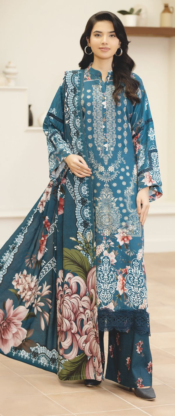 Luxury Embroidered Staple Slub 3-Piece Suit with Printed Shawal – Premium Wear