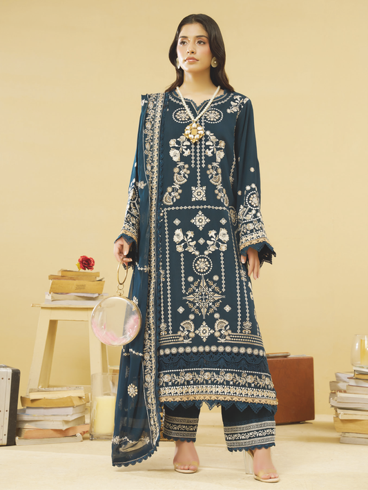 Designer Embroidered Silk Viscose 3 Piece with Bamber Chiffon Dupatta