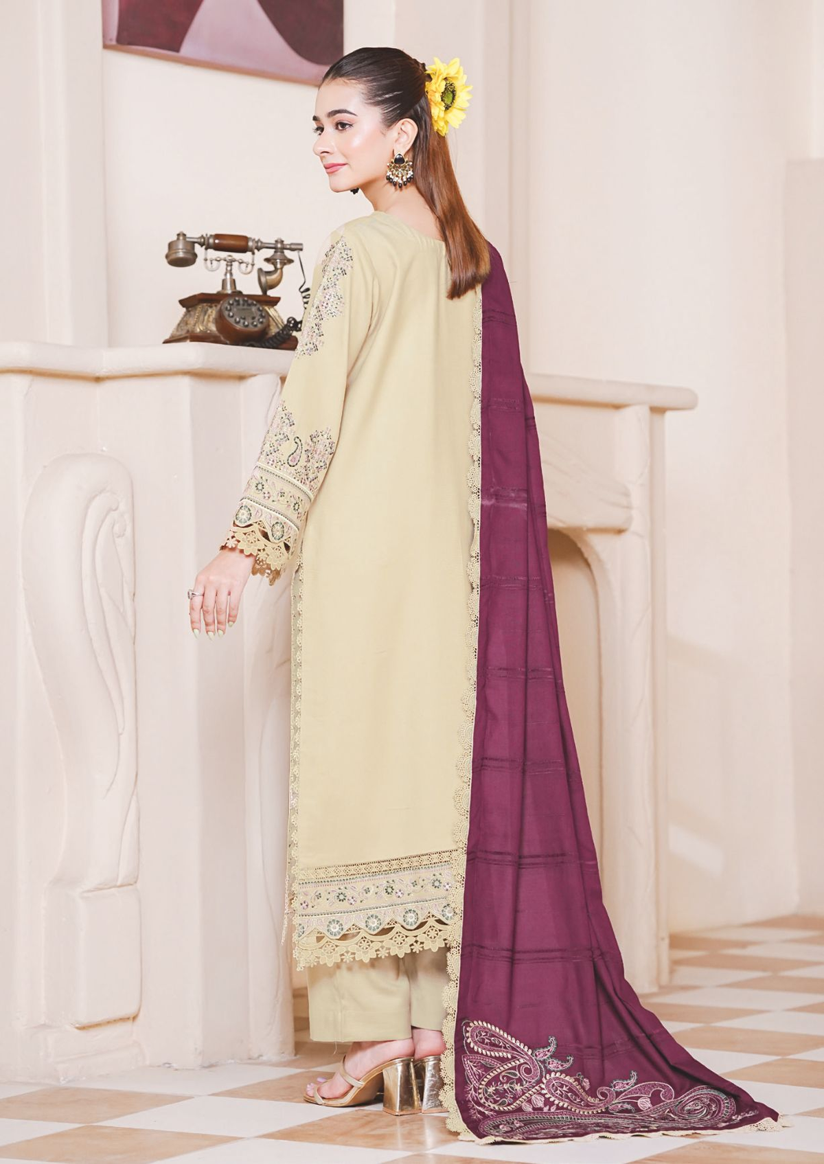 Embroidered Winter Luxury Suit with Jacquard Wool Shawl