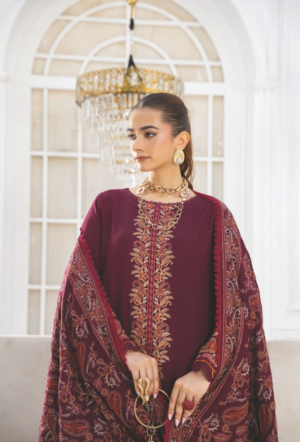 Embroidered Winter Outfit with Embroidered Luxury Shawl