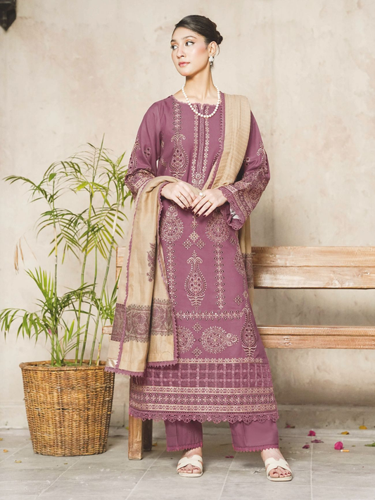 Luxury Embroidered Winter Suit with Jacquard Wool Shawl