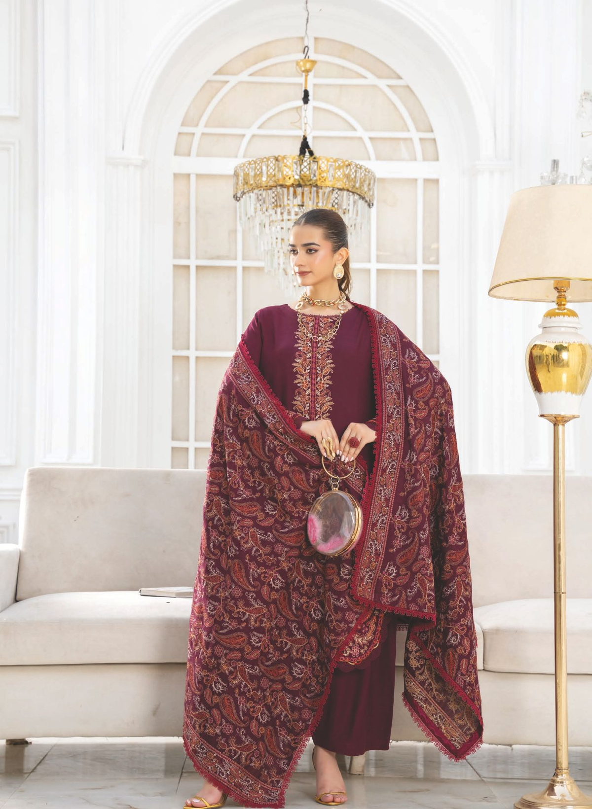 Embroidered Winter Outfit with Embroidered Luxury Shawl