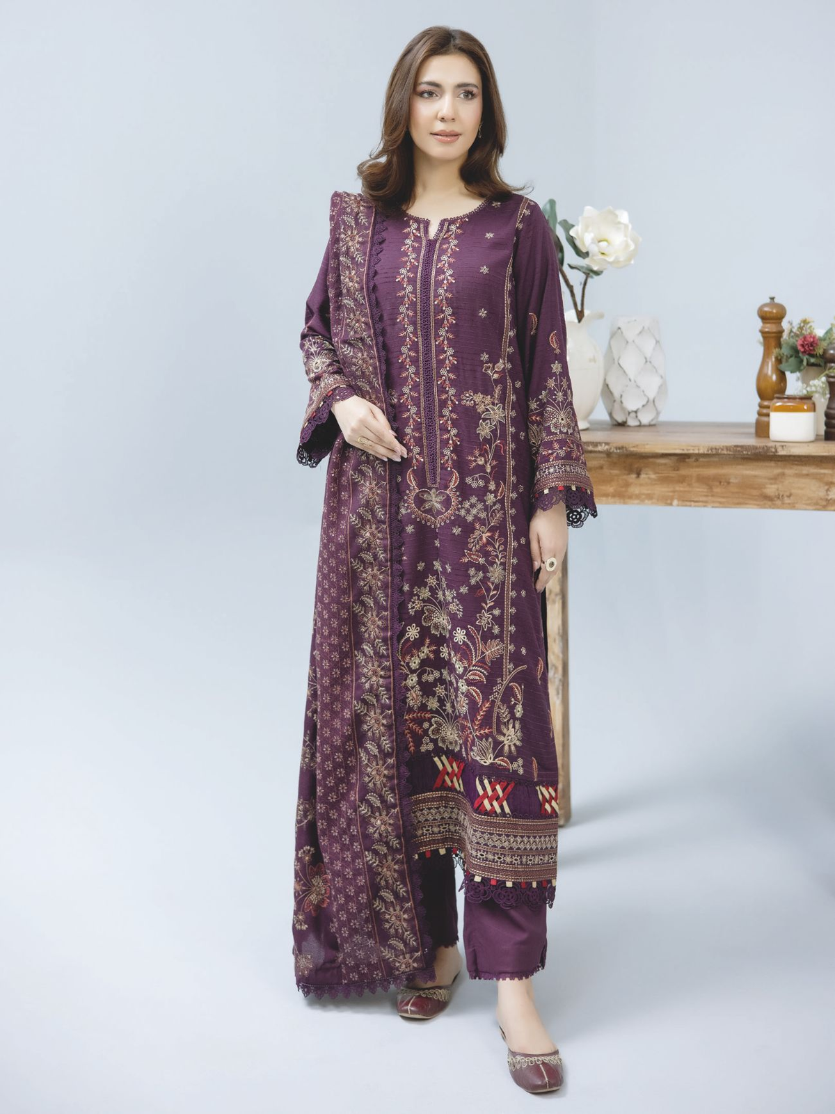 Luxury Embroidered Winter Suit with Embroidered Wool Shawl