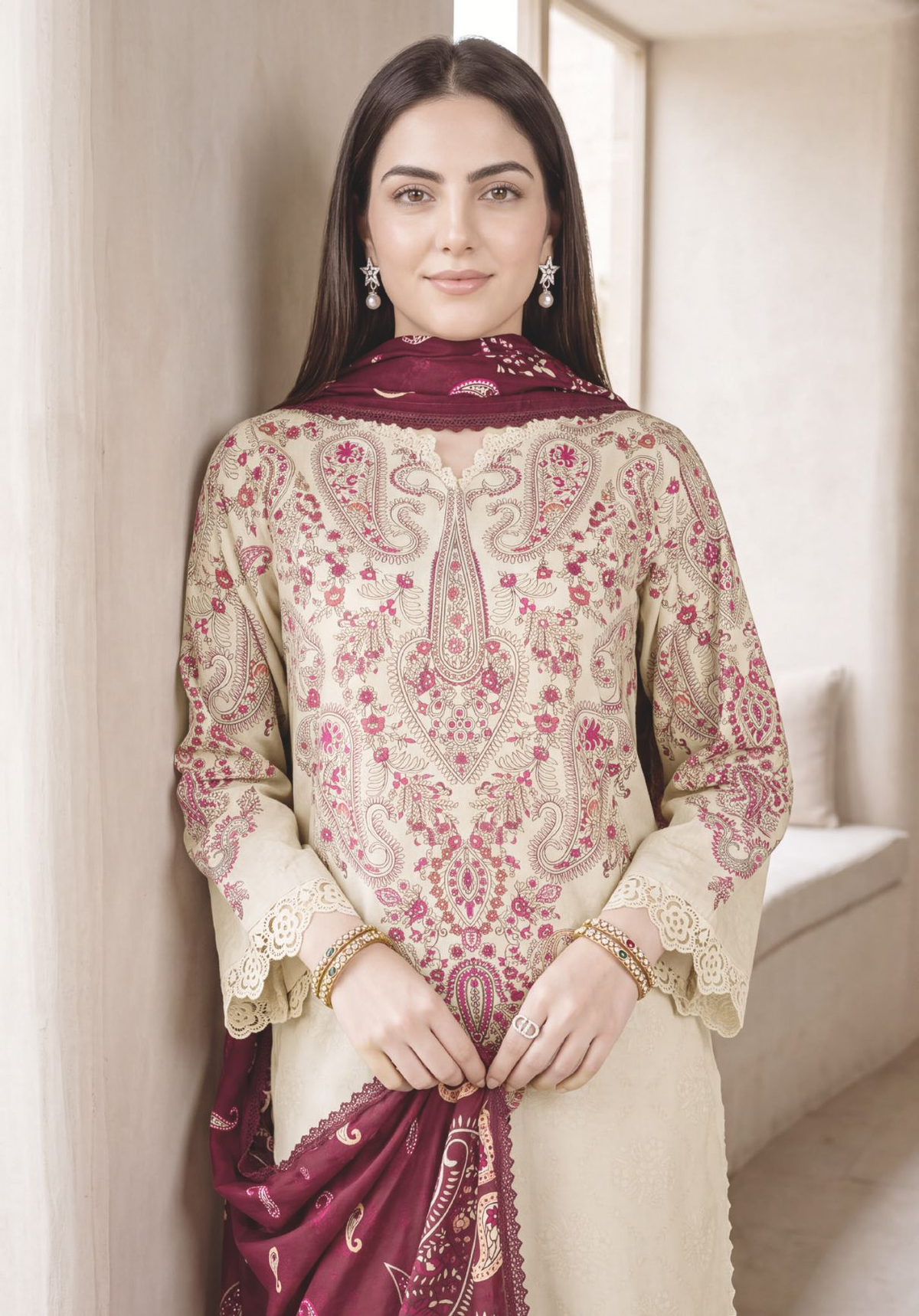 Stylish Printed Winter Dress with Beautiful Matching Shawl