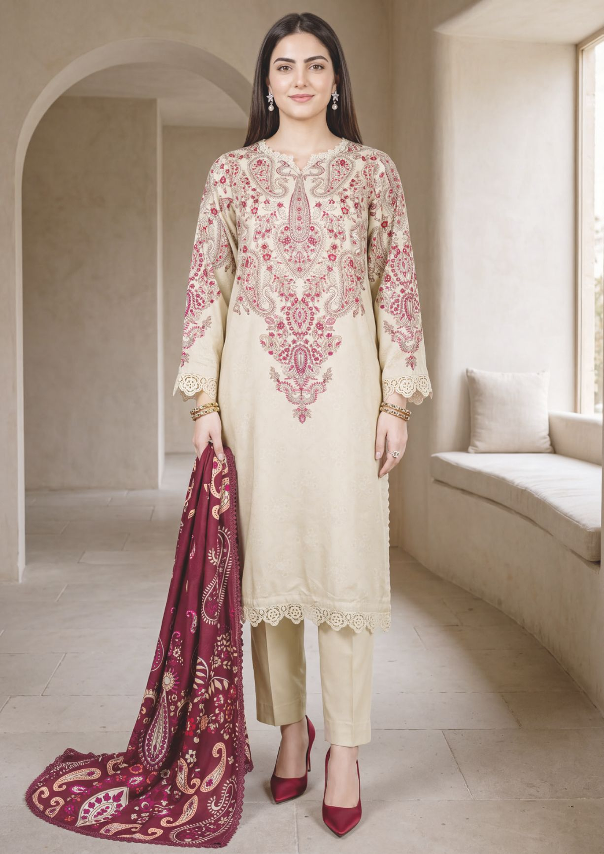 Stylish Printed Winter Dress with Beautiful Matching Shawl