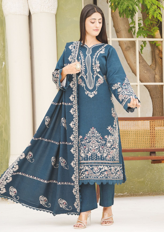 Elegant Embroidered Peach Leather Outfit with Matching Wool Shawl
