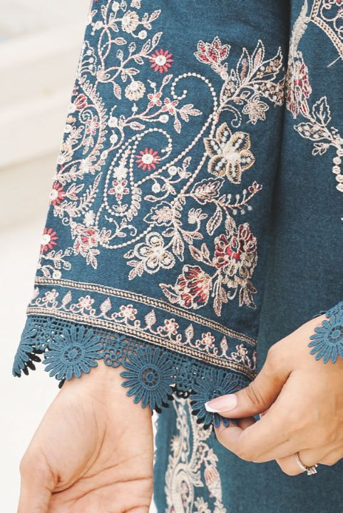 Elegant Embroidered Peach Leather Outfit with Matching Wool Shawl
