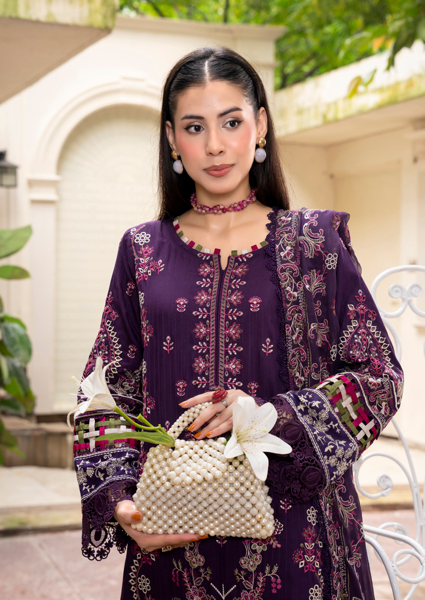 Deep Plum Embroidered Silk Viscose 3 Piece Suit with Bamber Chiffon Dupatta