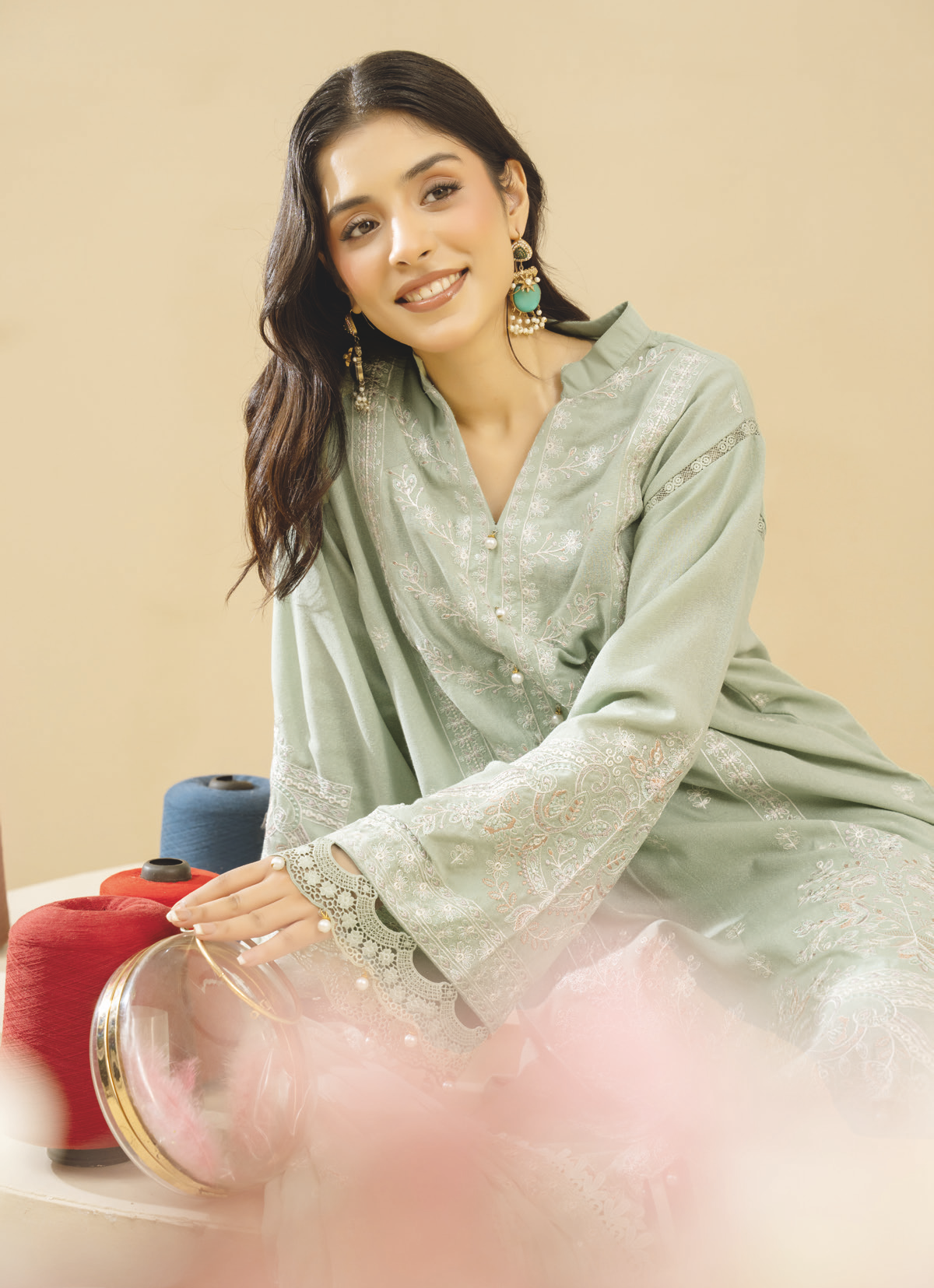 Embroidered Resham Karandi Suit with Embroidered Bamber Chiffon Dupatta