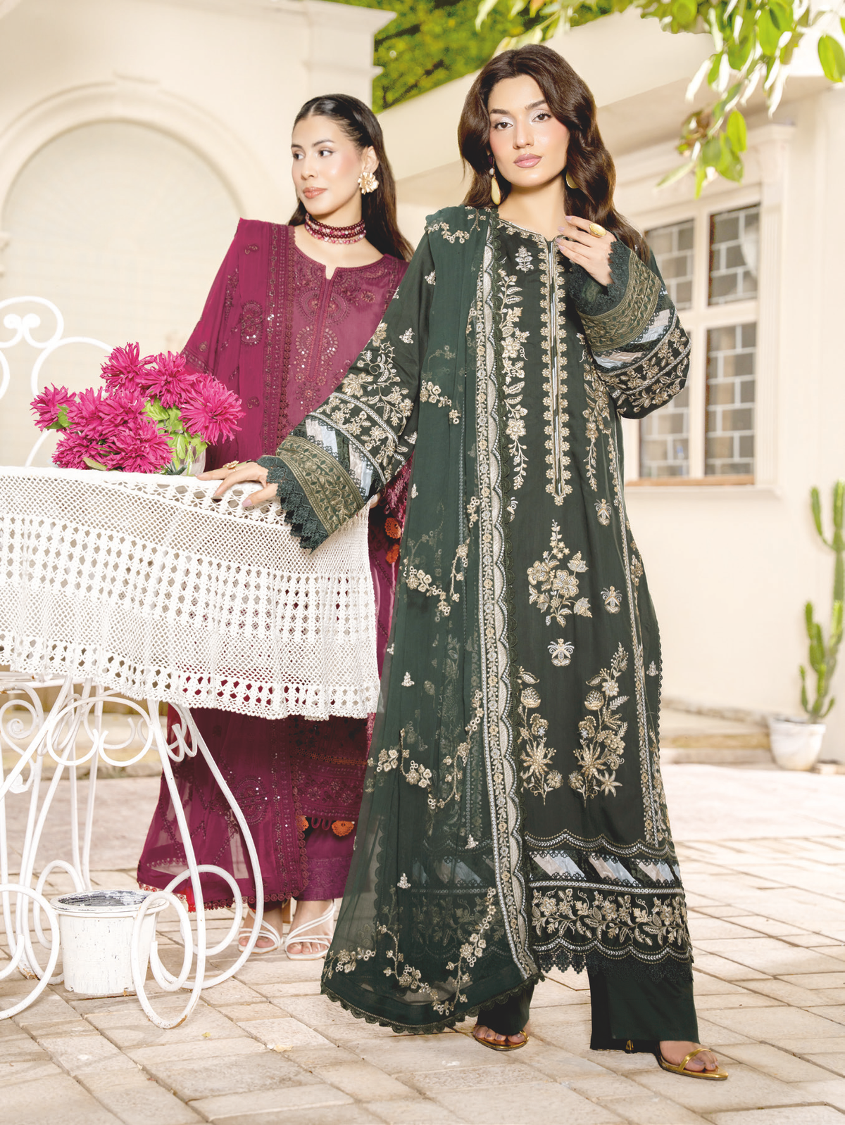 Elegant Embroidered Silk Viscose 3-Piece Suit with Bamber Chiffon Dupatta