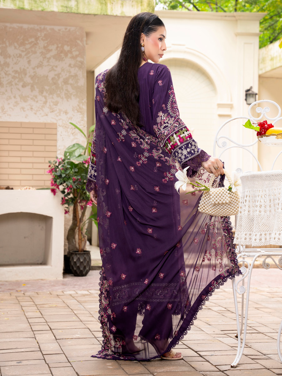 Deep Plum Embroidered Silk Viscose 3 Piece Suit with Bamber Chiffon Dupatta