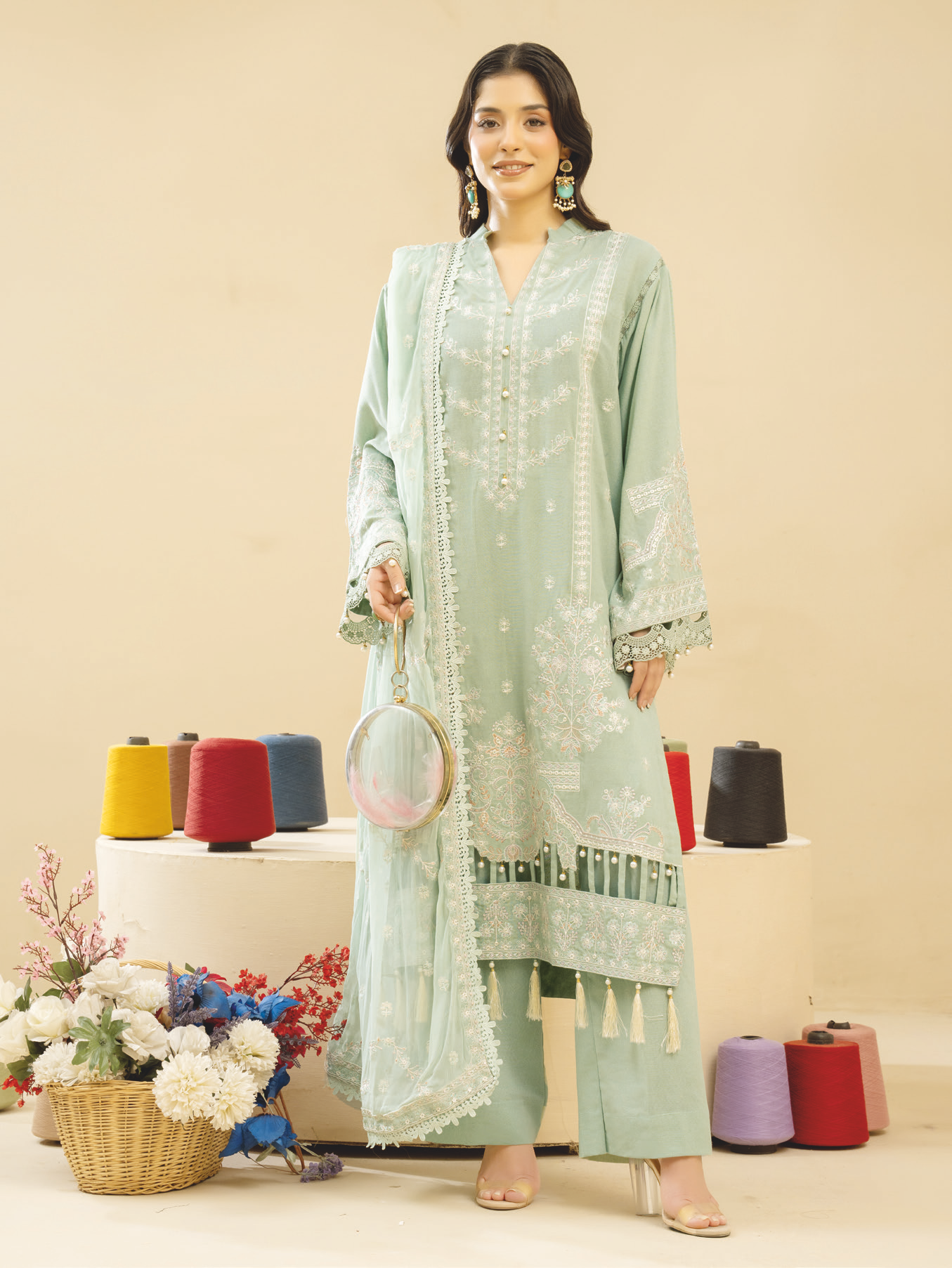 Embroidered Resham Karandi Suit with Embroidered Bamber Chiffon Dupatta