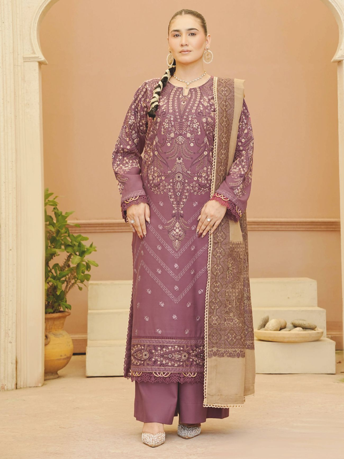 Embroidered Winter Luxury Suit with Jacquard Wool Shawl