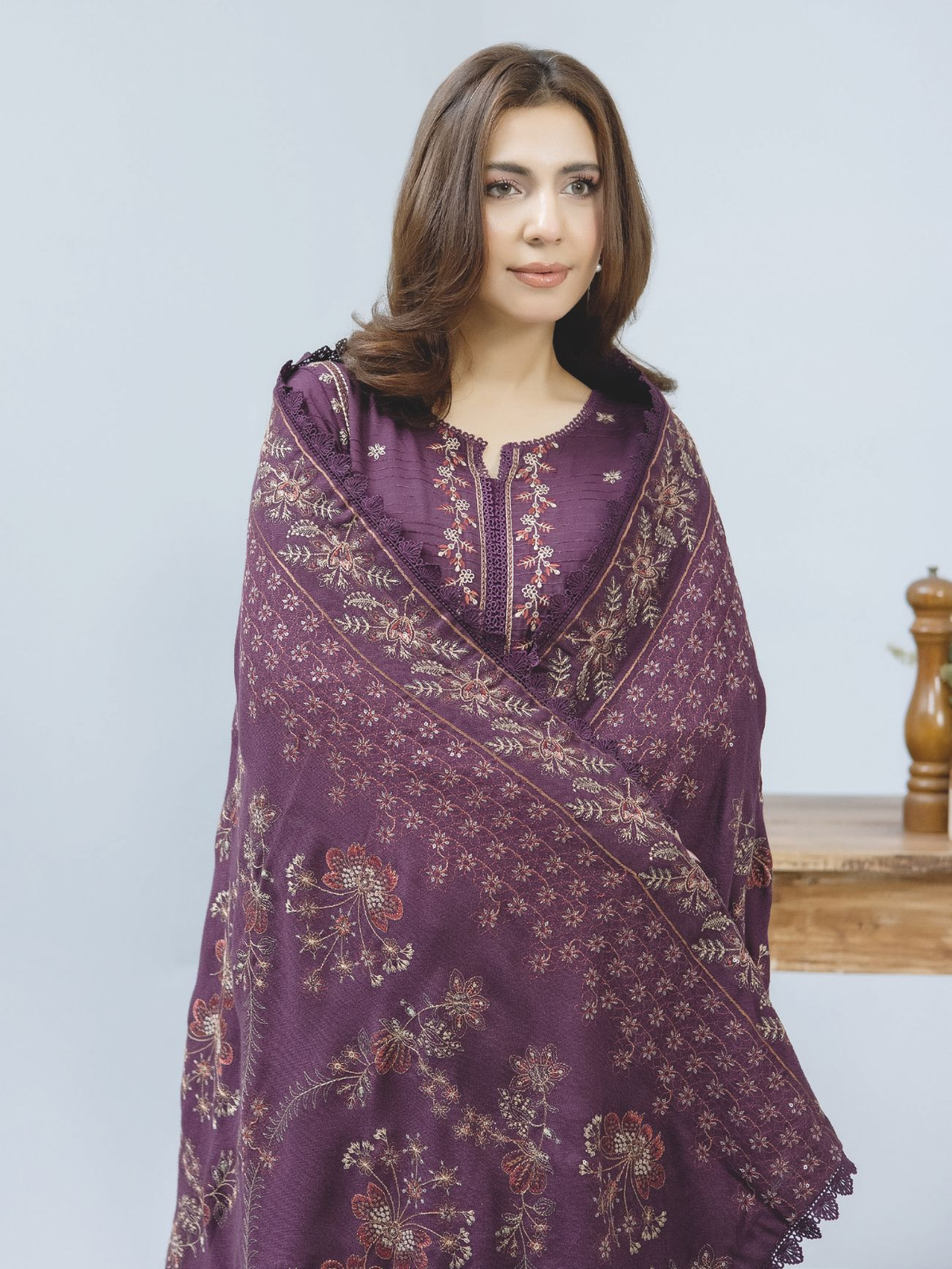 Luxury Embroidered Winter Suit with Embroidered Wool Shawl