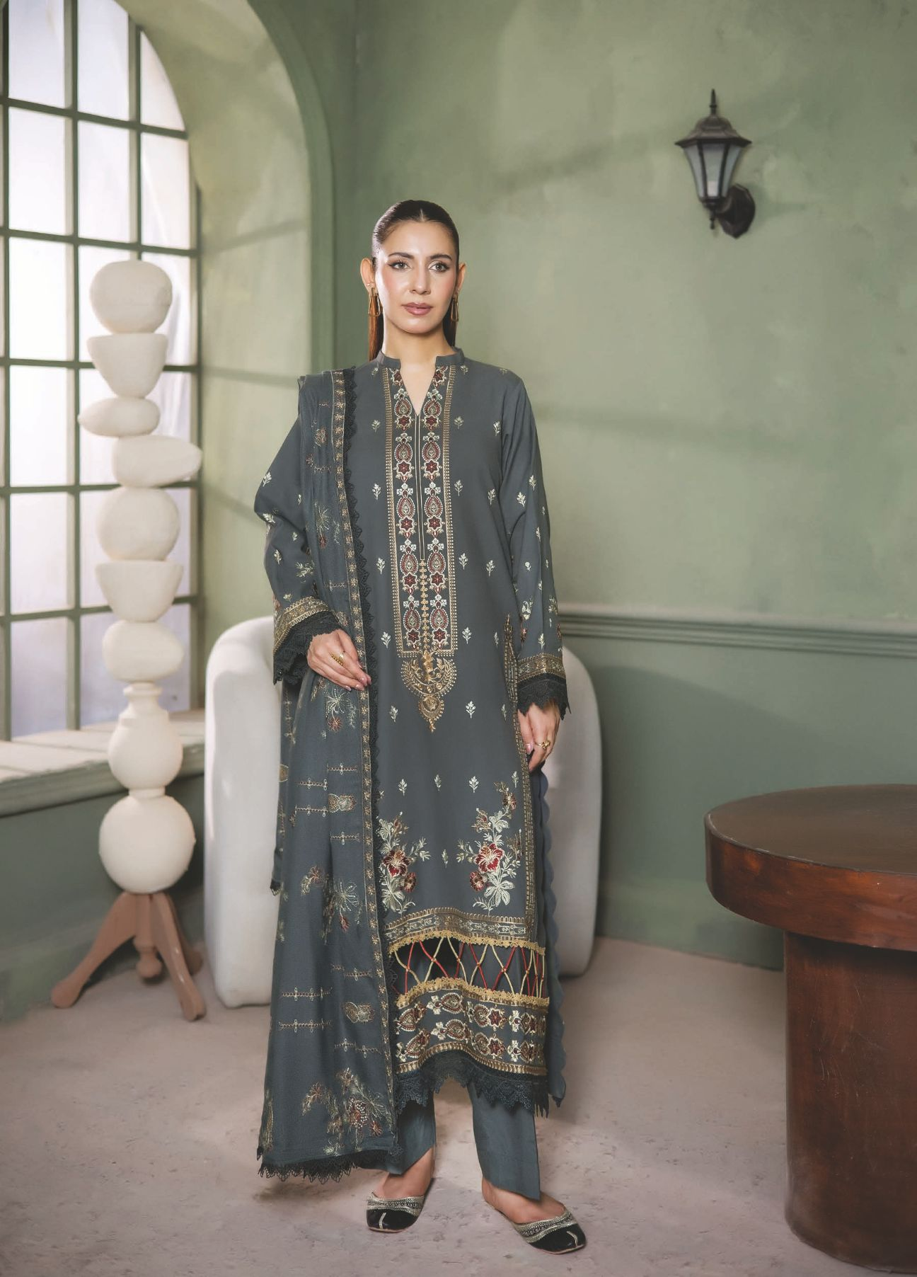 Classic Embroidered Winter Wear with Shawl