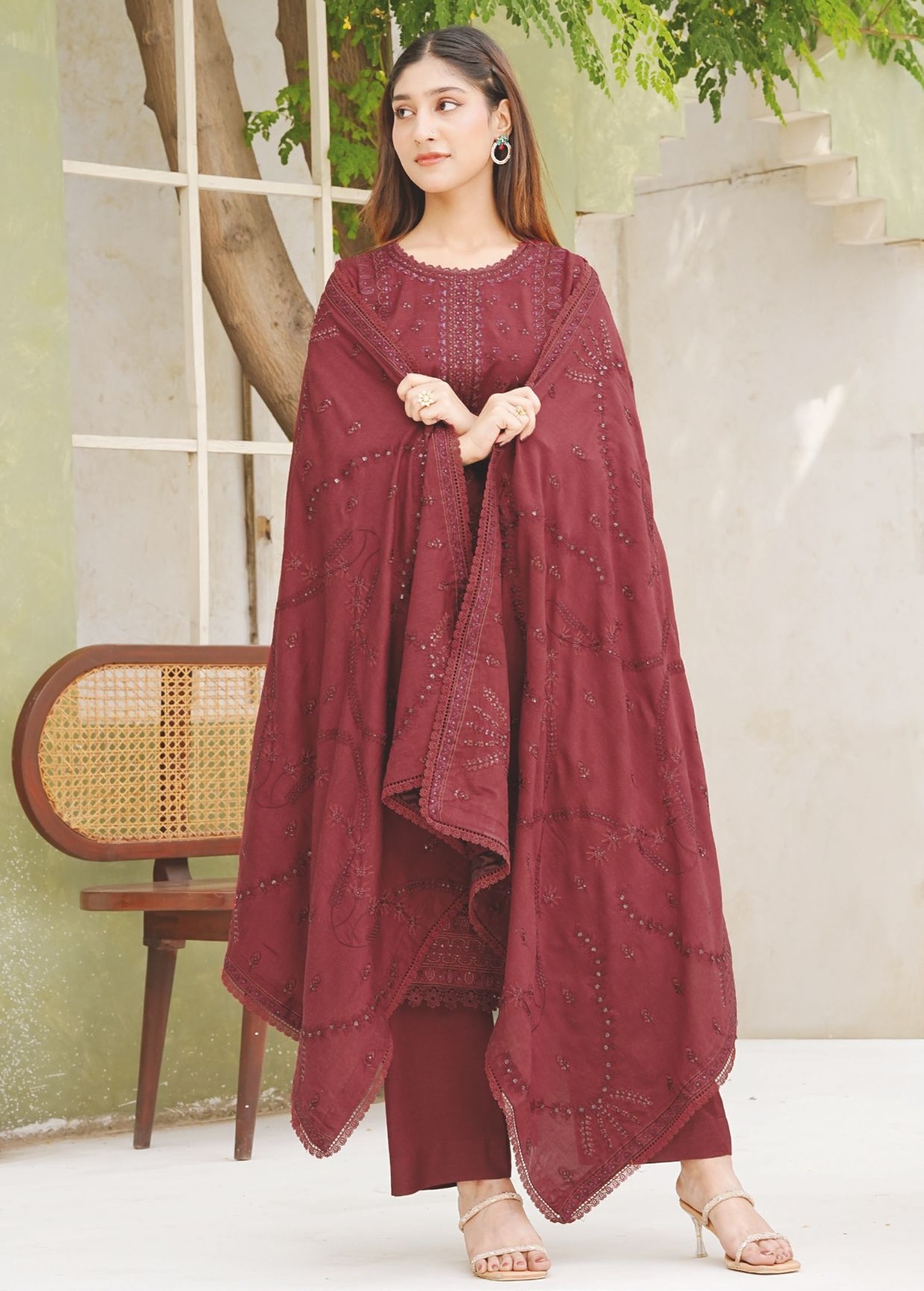 Embroidered Peach Leather Suit with Embroidered Luxury Wool Shawl
