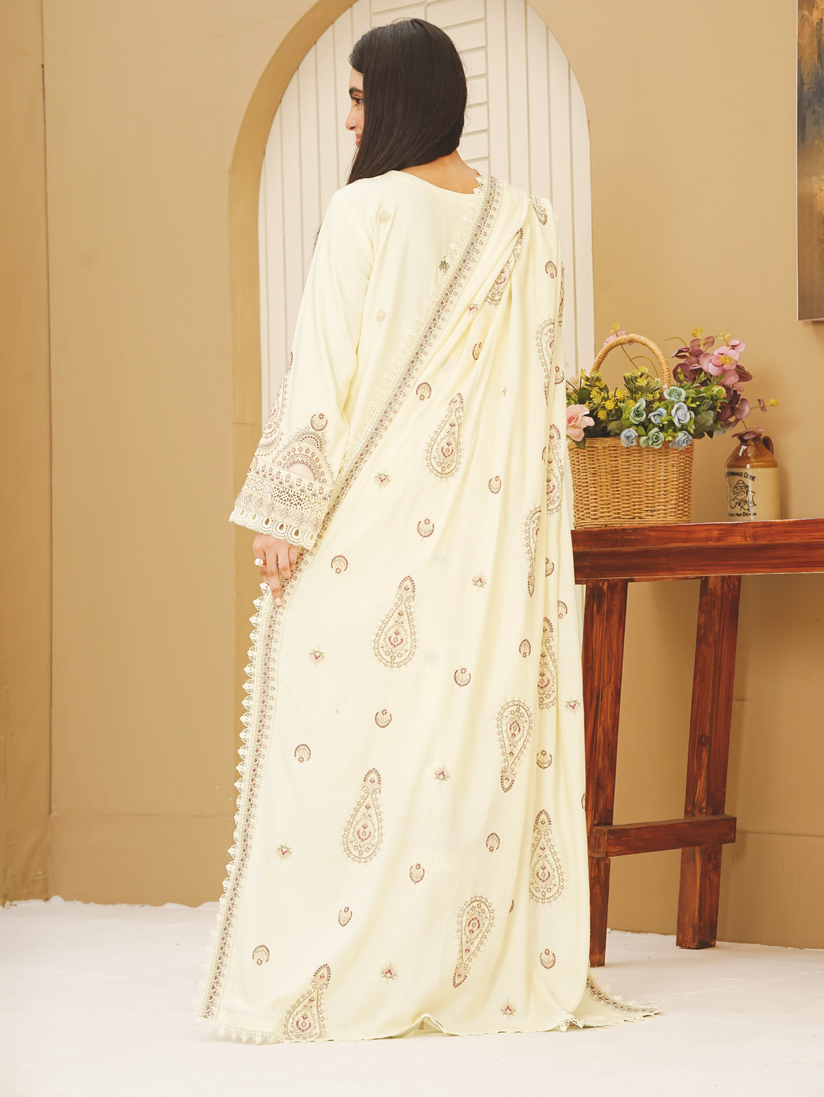 Embroidered Peach Leather Suit with Embroidered Luxury Wool Shawl
