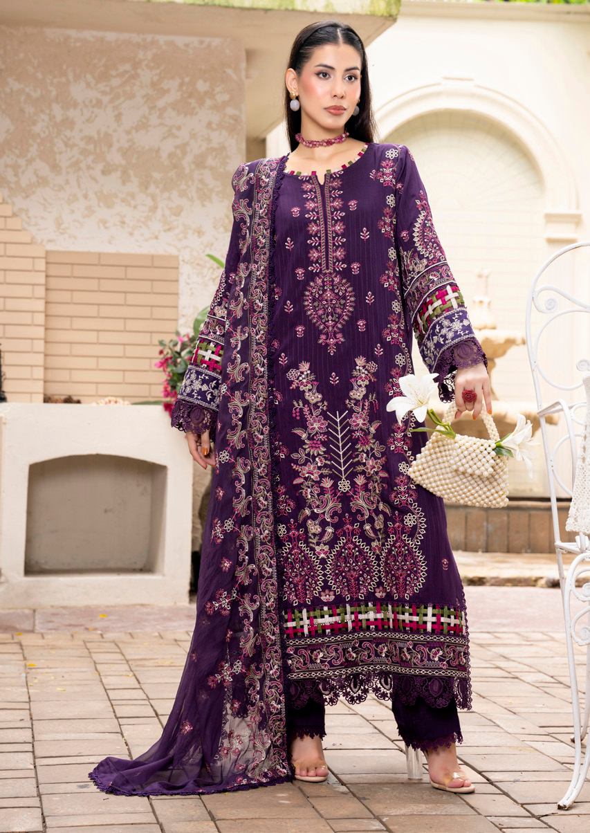 Deep Plum Embroidered Silk Viscose 3 Piece Suit with Bamber Chiffon Dupatta