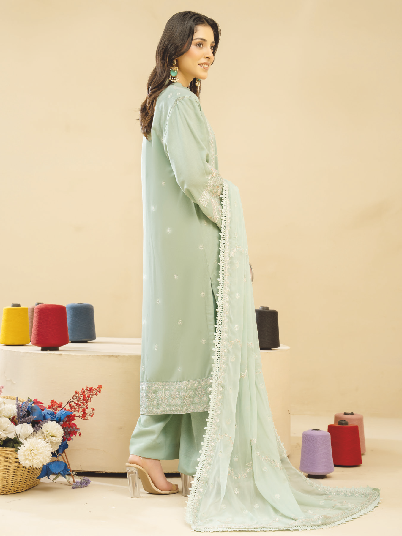 Embroidered Resham Karandi Suit with Embroidered Bamber Chiffon Dupatta