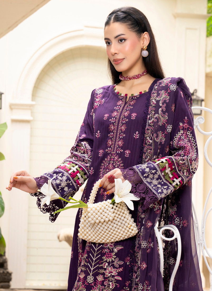 Deep Plum Embroidered Silk Viscose 3 Piece Suit with Bamber Chiffon Dupatta