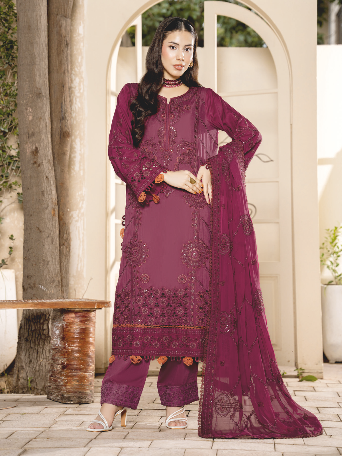 Luxury Embroidered Silk Viscose 3-Piece Suit with Bamber Chiffon Dupatta