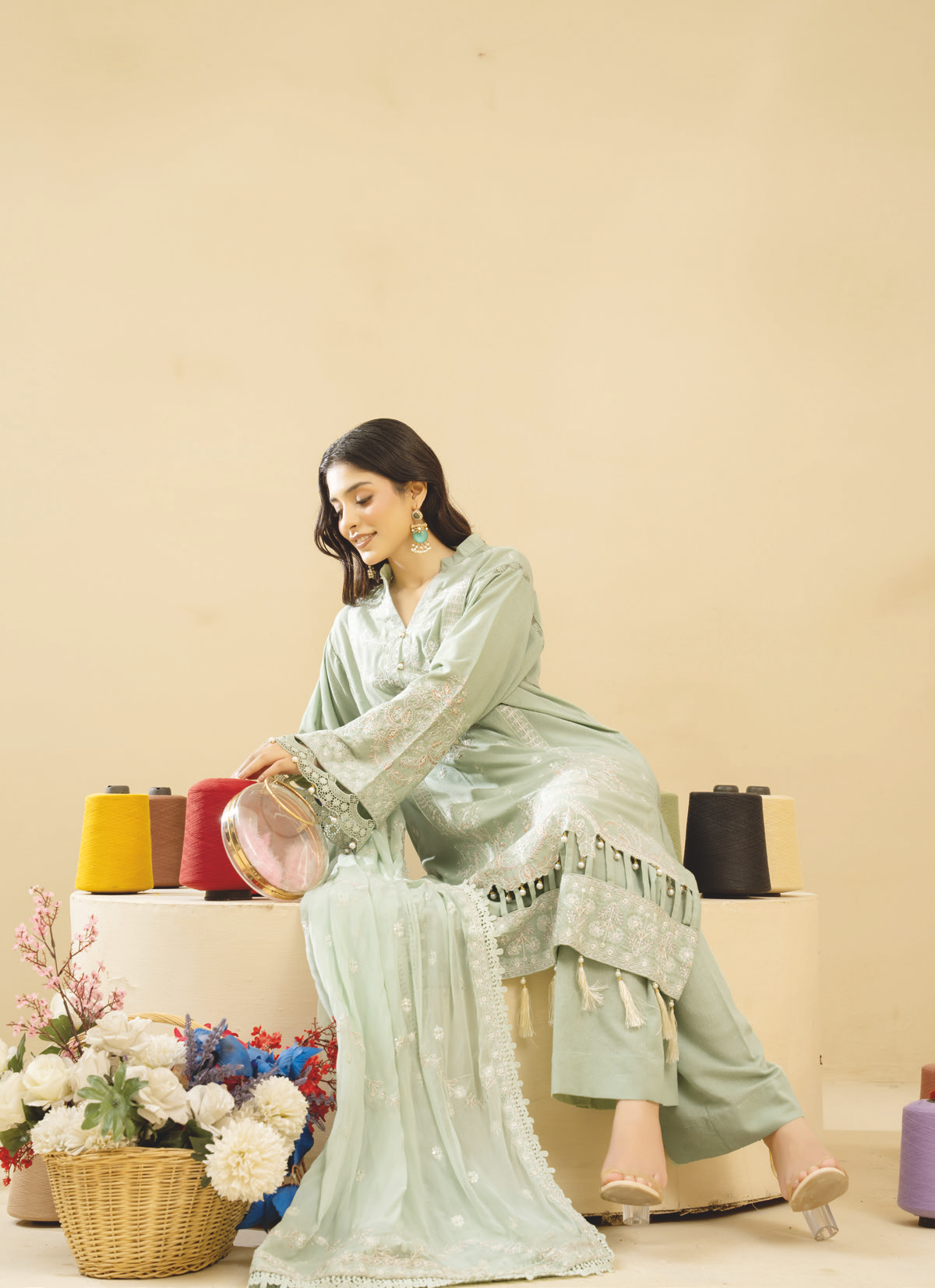 Embroidered Resham Karandi Suit with Embroidered Bamber Chiffon Dupatta