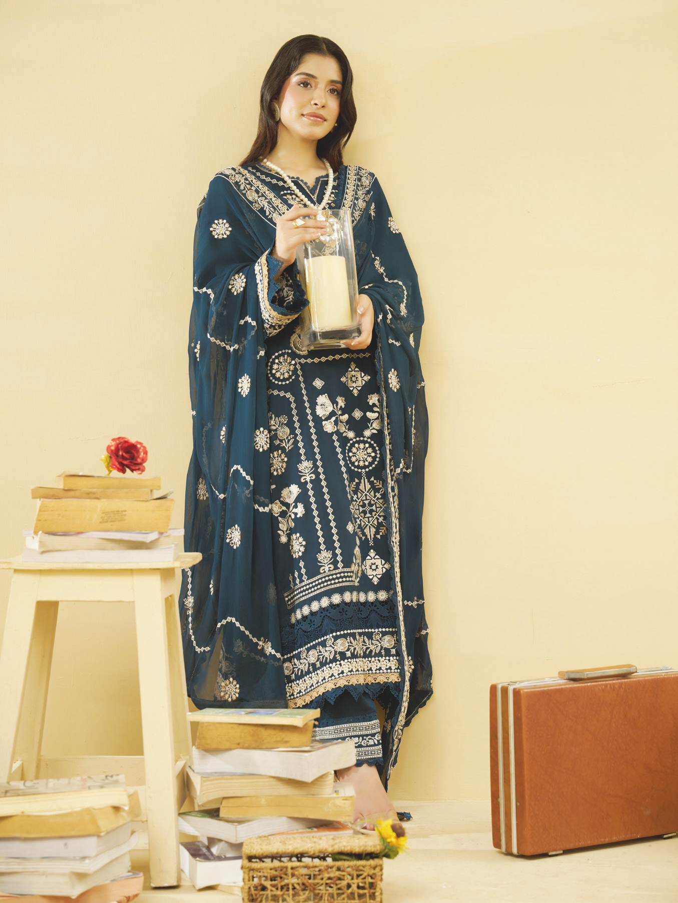 Designer Embroidered Silk Viscose 3 Piece with Bamber Chiffon Dupatta